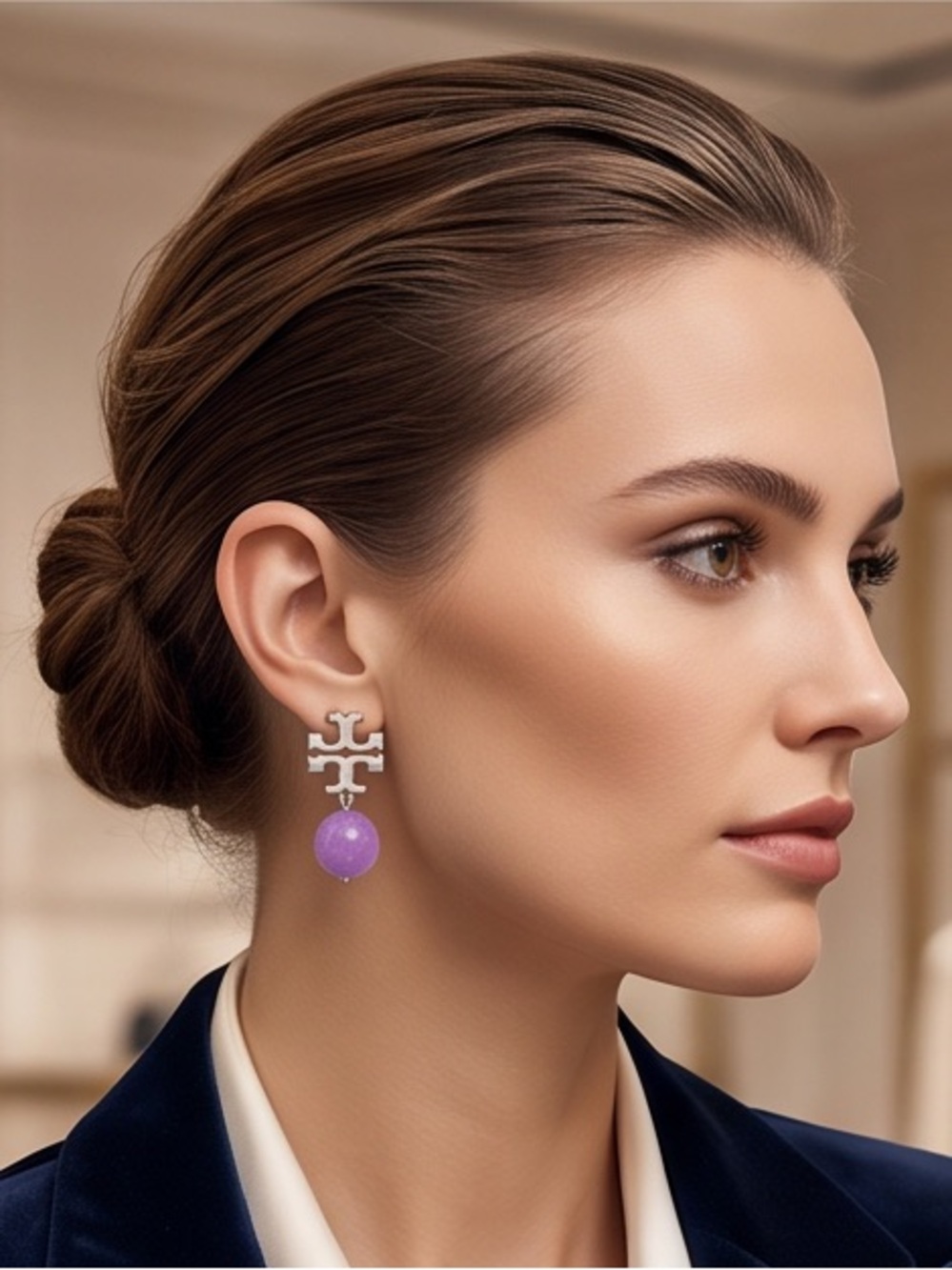 Tory Burch Silver Logo Drop Earrings with Purple Beads